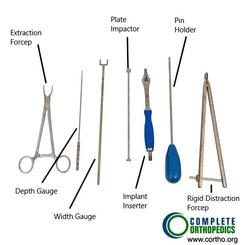 Instruments used during a total cervical disc replacement