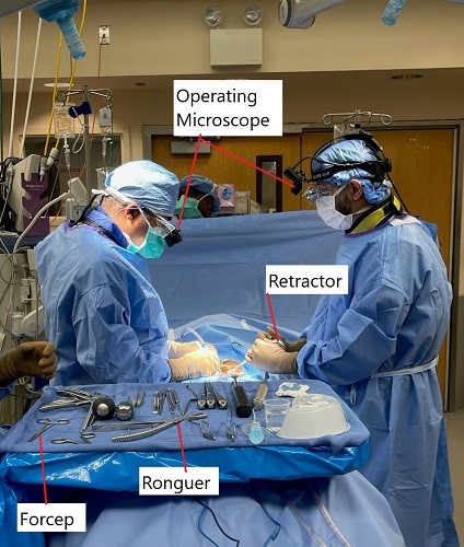 Intraoperative image of lumbar microdiscectomy surgery.