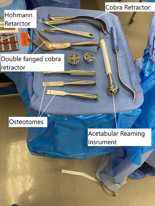 Instruments used in total hip replacement. Instruments used in total hip replacement.