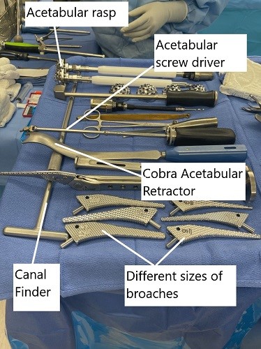Instruments used in a total hip replacement.